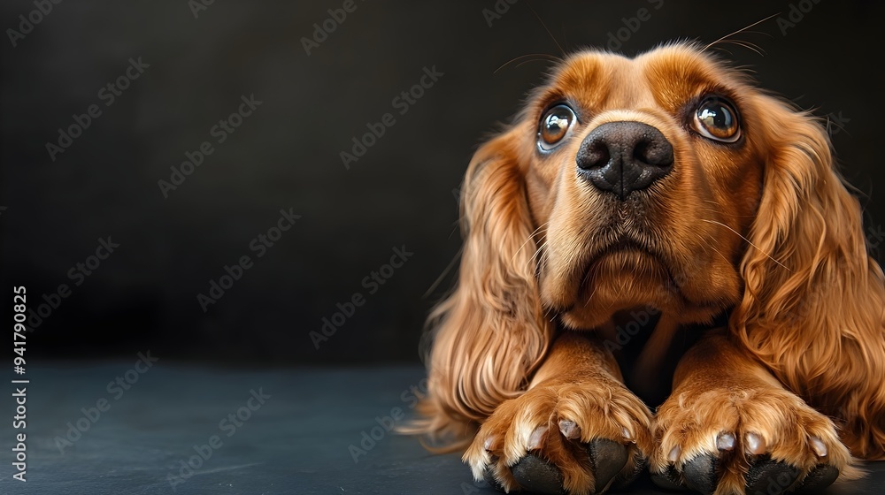 Poster adorable cocker spaniel puppy resting its head on paws and looking up with ample copy space for text