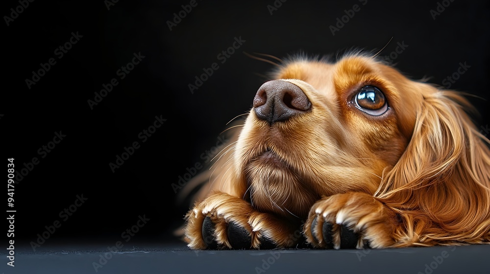 Poster peaceful and calm cocker spaniel puppy resting its head on its paws and looking up with plenty of co