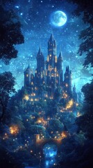 Enchanting Castle Illuminated by Moonlight and Stars