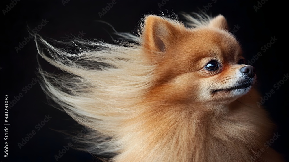 Poster Adorable and Fluffy Pomeranian Dog with Its Fur Blowing Dynamically in the Wind Set Against a Clean Copy Space Background for Versatile Usage
