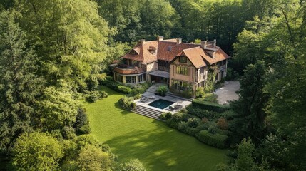 Obraz premium Secluded European mansion with a serene copy floor, surrounded by lush forests and peaceful gardens.