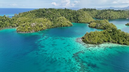 Obraz premium Tropical ocean lagoon with clear blue beautiful water and coral reef. Togean National Park, Central Sulawesi, Indonesia.