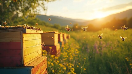 Beehives in a lush green field with bees flying in the golden evening light