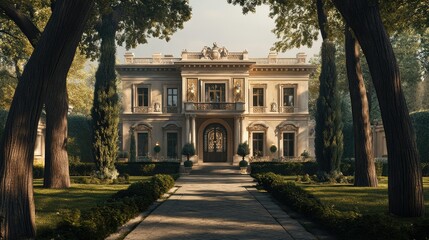 Obraz premium Stately European mansion with a grand copy floor and a majestic entrance surrounded by ancient trees.