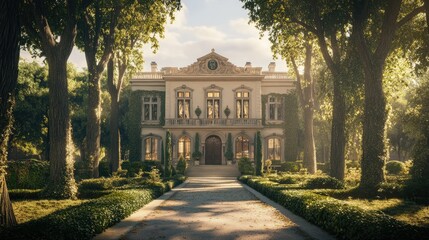 Obraz premium Stately European mansion with a grand copy floor and a majestic entrance surrounded by ancient trees.