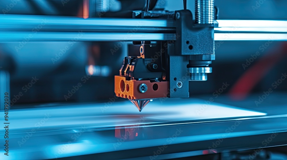 Poster top view of a 3d printer creating a digital prototype, with space for copy text.