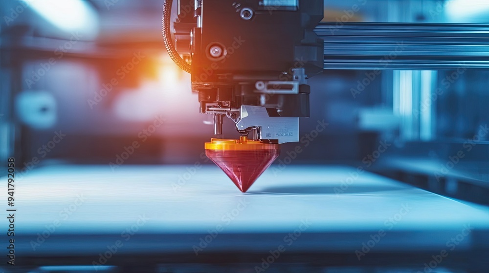 Poster top view of a 3d printer creating a digital prototype, with space for copy text.