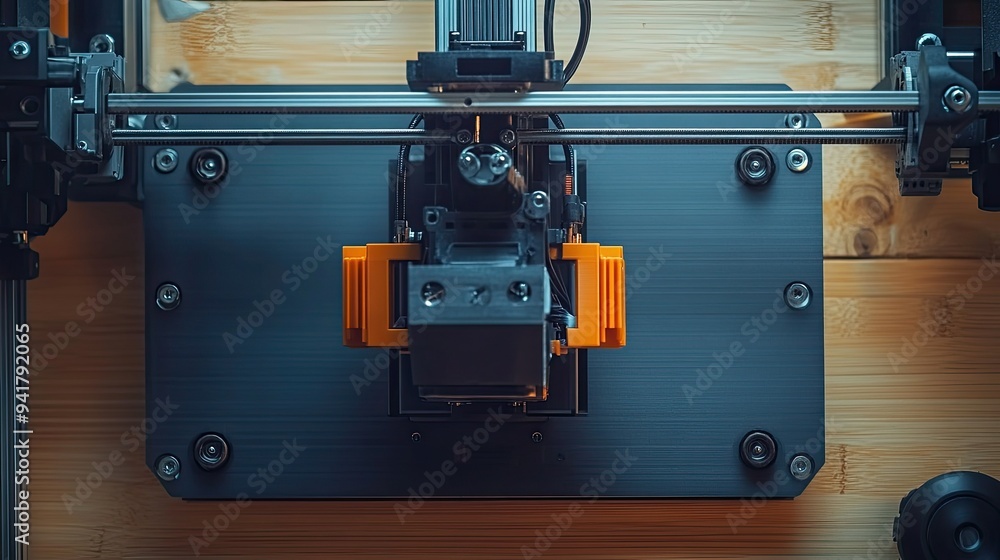 Poster top view of a 3d printer creating a digital prototype, with space for copy text.
