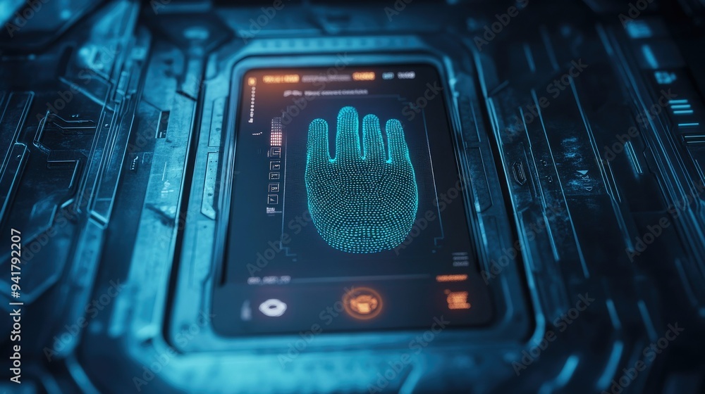 Poster top view of a biometric id scanner with digital data, with space for copy text.