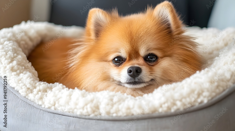 Poster a fluffy pomeranian dog resting comfortably in a soft plush dog bed with ample copy space available 