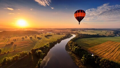 Obraz premium A breathtaking hot air balloon ride at sunset, soaring over a picturesque rural landscape with a winding river below.