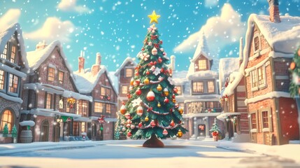 Whimsical Ultra Clear Christmas Tree in Snowy Town Square with Blank Space for Text