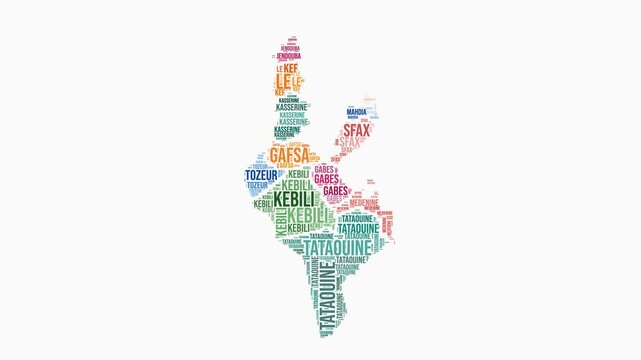 Tunisia regions word cloud animation. Country logo animated video. Tunisia colored text cloud. Regions typography style motion graphics. Creative video.
