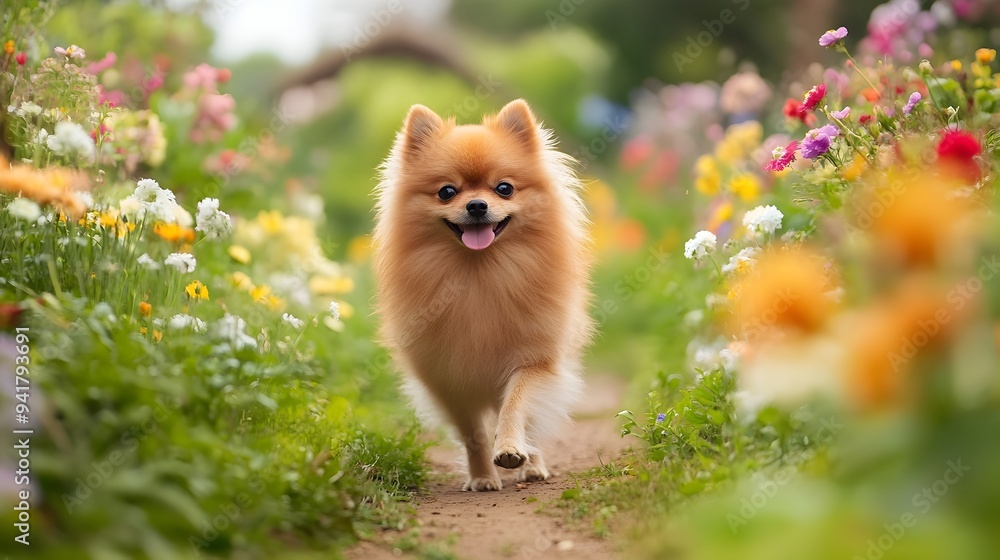 Poster adorable pomeranian dog happily exploring a vibrant and serene flower garden with ample copy space f