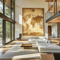Sunlight streams through windows onto a white sectional sofa a vintage world map hangs on the wall a warm and inviting living room