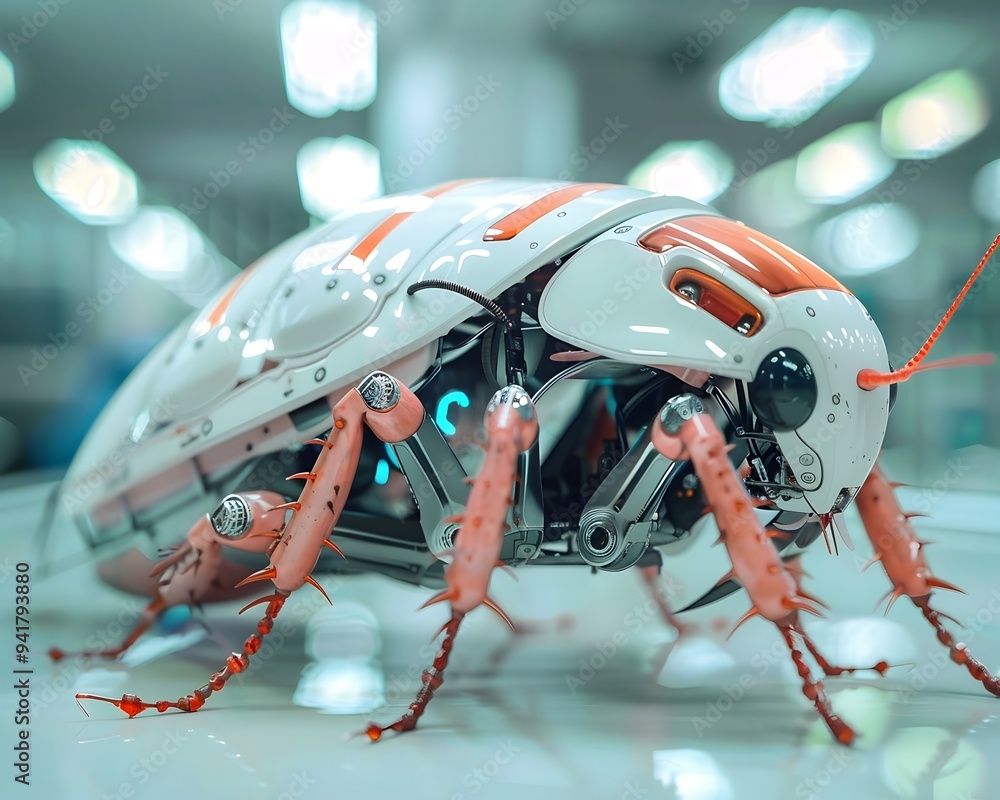 Aufkleber metallic cockroach robot navigating futuristic laboratory innovative technological concept with copy