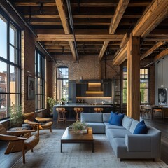 Fototapeta premium Urban Loft Living A Low Angle Perspective of a Spacious Living Room with Exposed Beams Brick Walls and a Modern Gray Sofa