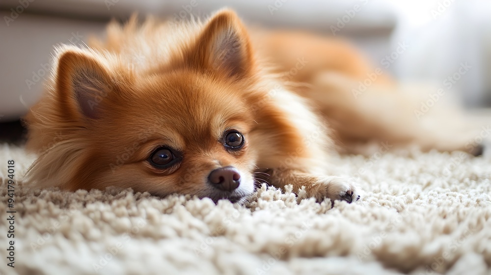 Poster cozy pomeranian dog resting peacefully on a soft plush rug with ample copy space for product image o