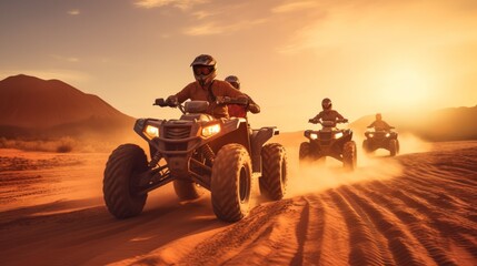 Quad bike in dust cloud, sand quarry on background. Neural network ai generated art