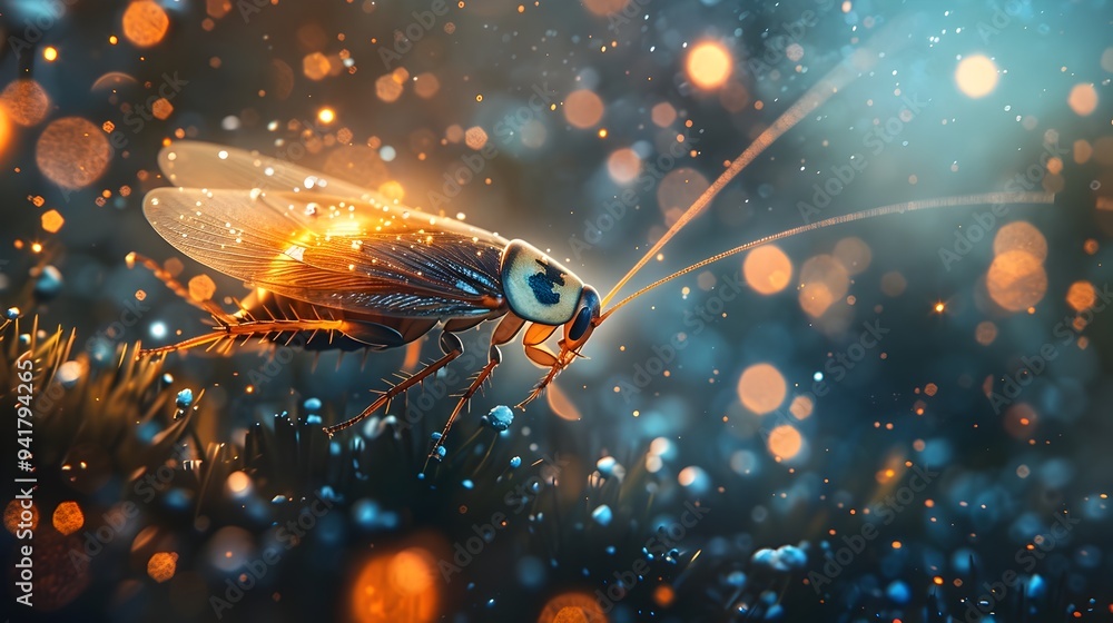 Poster sci fi cockroach piloting tiny spaceship through the starry universe