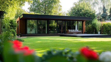 A modern garden house with large windows, set in a beautifully landscaped garden, with open space for copy