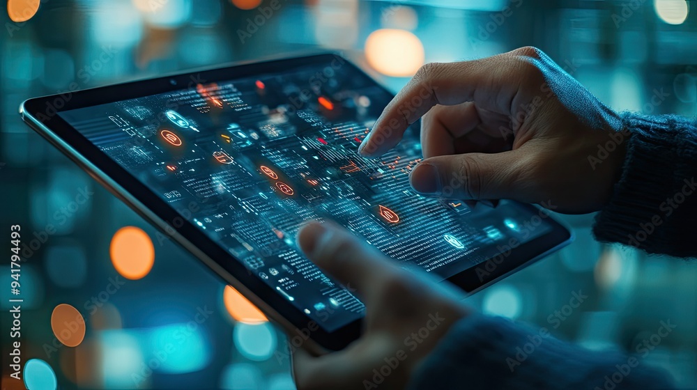 Poster top view of a digital transformation strategy on a tablet, with space for copy text.