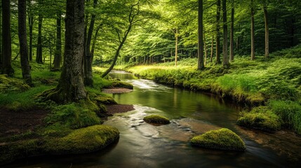 Fototapeta premium A peaceful stream meandering through the lush landscape of the Ardennes, Belgium, with space for text