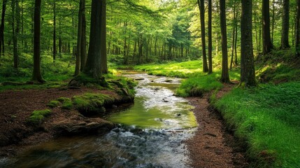 A peaceful stream meandering through the lush landscape of the Ardennes, Belgium, with space for text