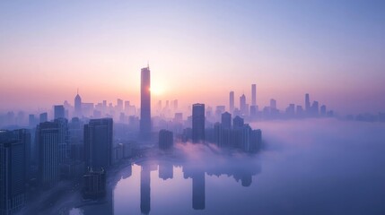 Cityscape at Sunrise with Fog and Reflections.