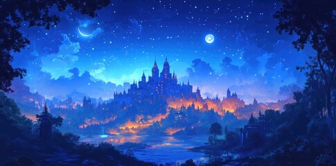 A Fantasy Castle in a Starry Night Sky