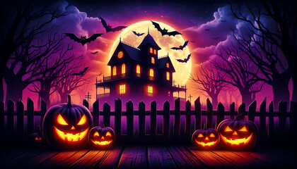 Halloween background with pumpkins scene featuring a haunted house with glowing windows purple sky and full moon and bats hover above the silhouette of eerie trees