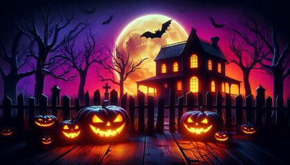 Halloween background with pumpkins scene featuring a haunted house with glowing windows purple sky and full moon and bats hover above the silhouette of eerie trees