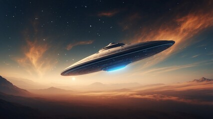 Obraz premium A flying saucer in the vastness of space Science fiction UFOs.