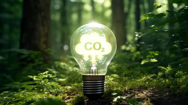 Light bulb in forest with carbon reduction icon. Promoting ESG and ecology. Nature meets technology for a greener world. Generative AI.