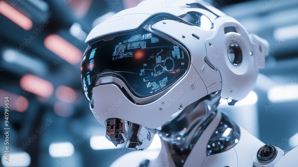 Poster futuristic robot head with digital display.