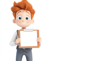 Obraz premium A cheerful cartoon character holds a blank clipboard, perfect for presentations, education, or creative projects.