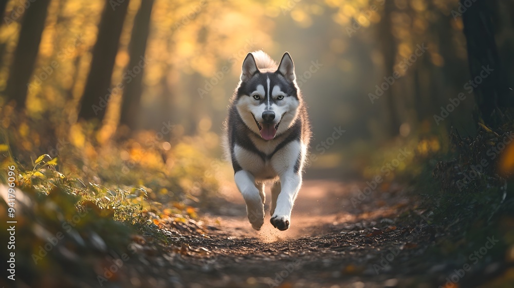 Poster a siberian husky dog running swiftly through a lush green forest trail with ample copy space for tex