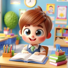 Cheerful 3D illustration of a child reading a book at their classroom desk, with an expressive face and bright, colorful surroundings, in a cute 3D character style