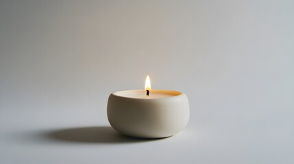 Minimalist Candle: A small, plain white candle in a minimalist holder, centered on a white background, with a faint shadow for depth.
