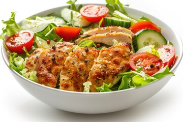 Fototapeta premium A healthy salad with grilled chicken, mixed greens, tomatoes, cucumbers, and lettuce