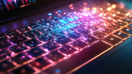 Obraz premium Top view of a laptop keyboard with a holographic data stream overlay, with space for copy text.