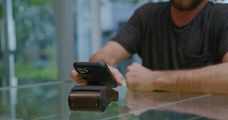 Contactless payment with a smartphone at a modern cafe, emphasizing convenience, technology, and the ease of digital transactions in everyday life. Showcases modern financial services