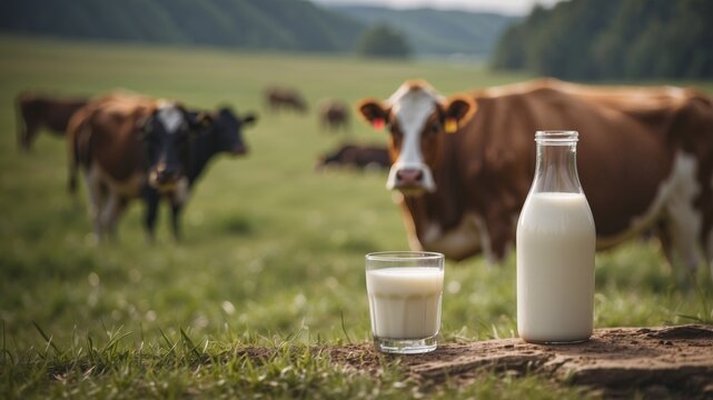 Fresh milk and blurred cow and pasture background.