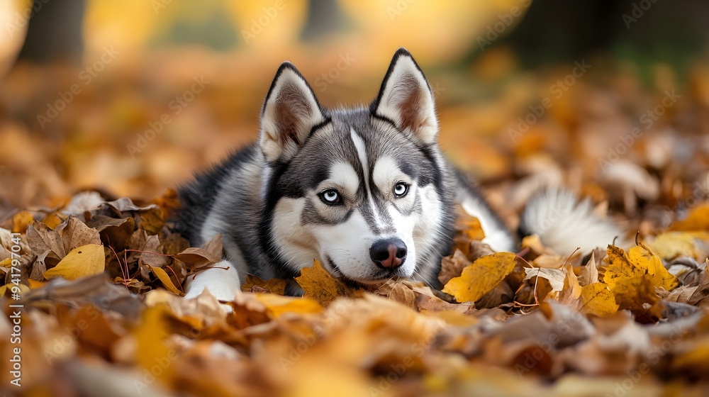 Poster energetic siberian husky dog playing and frolicking in a colorful pile of autumn leaves in a natural