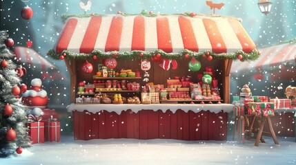 Festive Christmas Market Stall with Claymation and Anime Style, UltraHD Background with Blank Space for Text