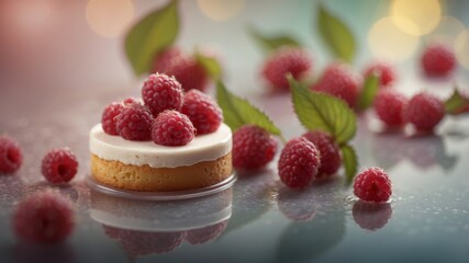 Colorful floating raspberries with sponge cake pieces.