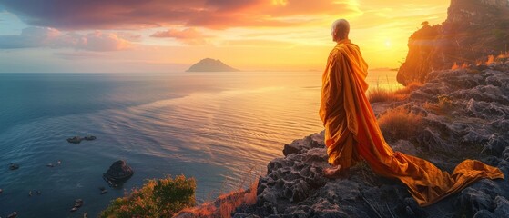 old monk, wearing a robe, standing at the edge of a cliff, overlooking a vast ocean at sunset