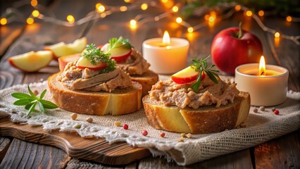 A romantic, candlelit shot of a single crostini topped with duck rillette, garnished with a few slices of fresh apple