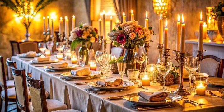 Candlelit Dinner Table with Gold Accents, Floral Centerpiece, Romantic Setting, candlelight , dinner , romantic , ambiance