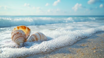 Obraz premium Seashells on the Beach with Waves and Blue Sky.